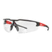 Safety glasses with black and red frame on a white background