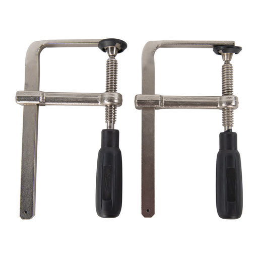 Two metal clamps with black handles on a white background