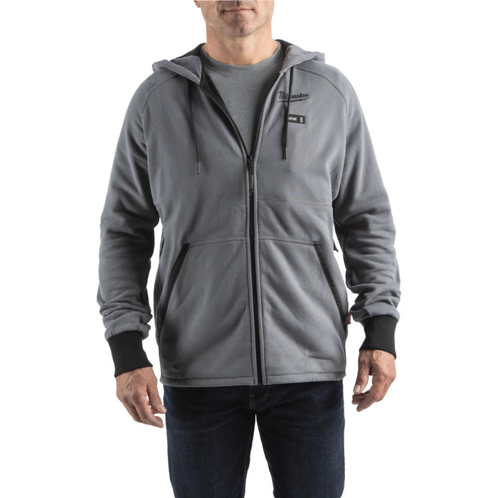 grey milwaukee heated hoodie m12 on man on white background