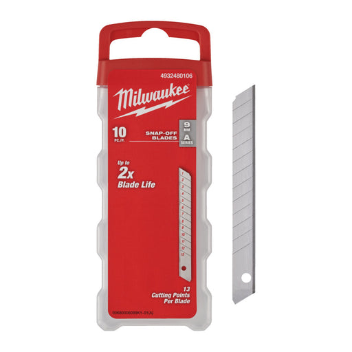 Milwaukee snap-off blades retail packaging in red and clear plastic with one silver blade shown beside the package on a white background.
