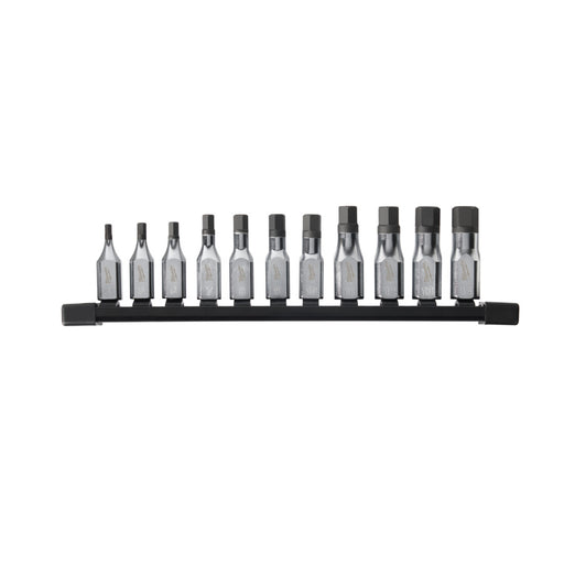 Set of 10 drill bits on a black holder against a white background