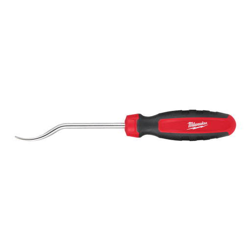Red and black Milwaukeehose pick with flat tip on a white background