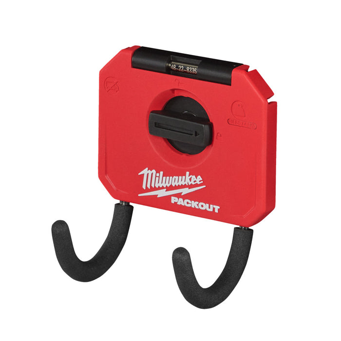 Red Milwaukee Packout tool with black hooks on a white background