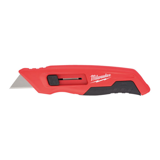Red utility knife with black blade on a white background, featuring Milwaukee logo.