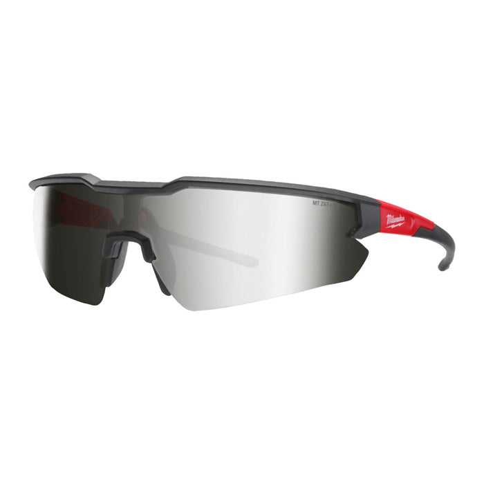 Safety glasses with a black frame and red accents on a white background
