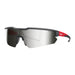 Safety glasses with a black frame and red accents on a white background