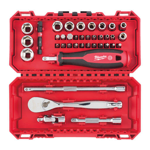 Open red tool case with various tools including sockets and wrenches, featuring Milwaukee branding.