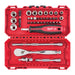 Open red tool case with various tools including sockets and wrenches, featuring Milwaukee branding.