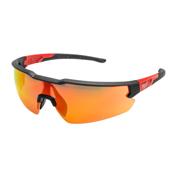 Safety glasses with red-orange lenses and black frame on a white background