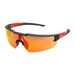 Safety glasses with red-orange lenses and black frame on a white background
