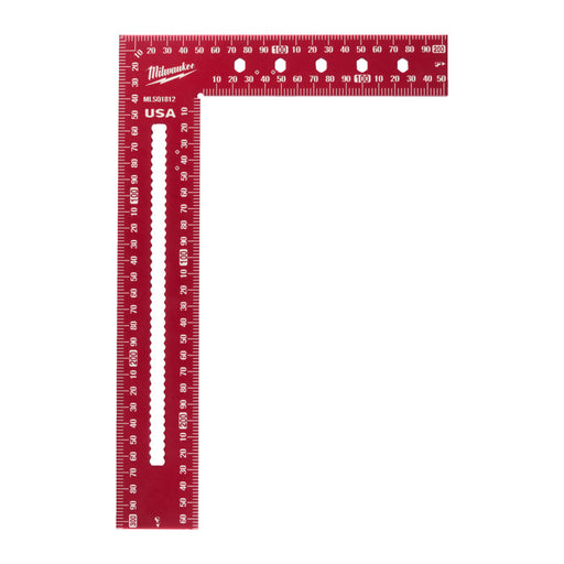 Red Milwaukee metric framing square on a white background