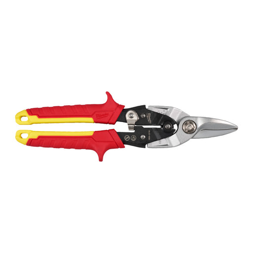 Pair of aviation snips with red and yellow handles on a white background