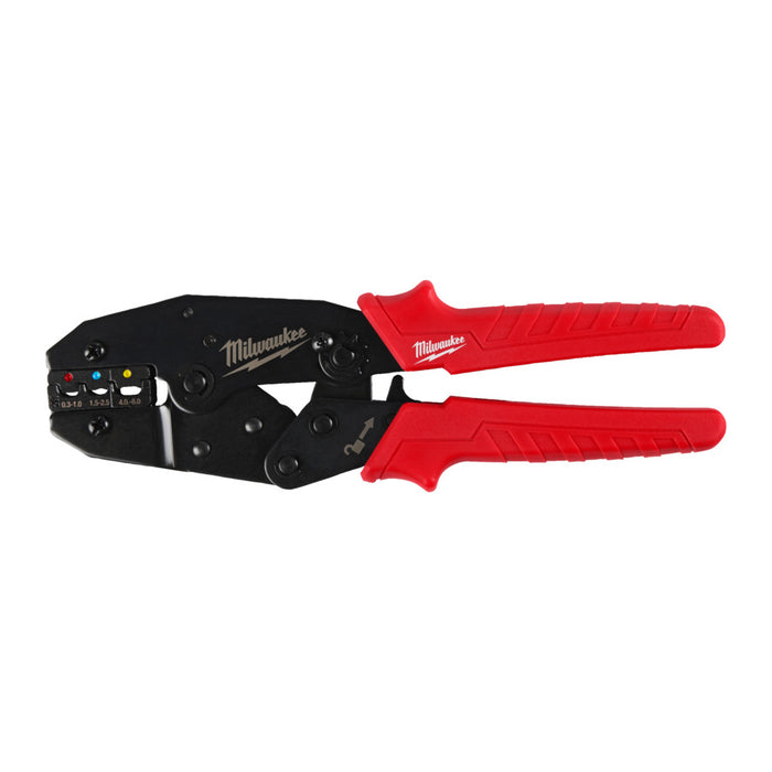 Milwaukee crimping tool with red handles on a white background