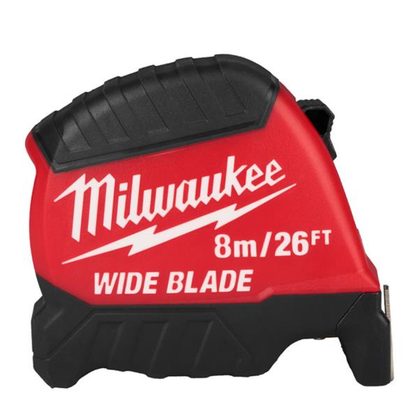 Red and black Milwaukee tape measure on a white background