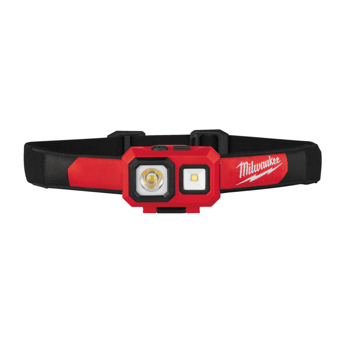 Red and black Milwaukee headlamp on a white background