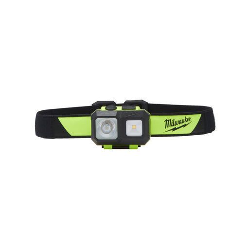 Milwaukee headlamp with black and green design on a white background
