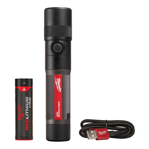 Black flashlight with red accents and USB cable on a white background