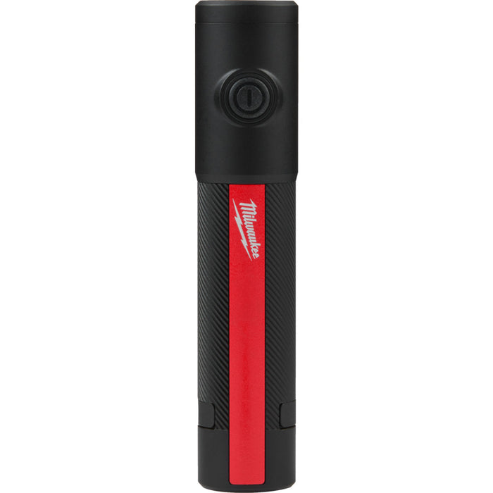 Black and red flashlight with Milwaukee logo on a white background