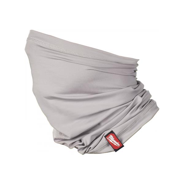 Gray neck gaiter with a visible milwaukee logo on a white background