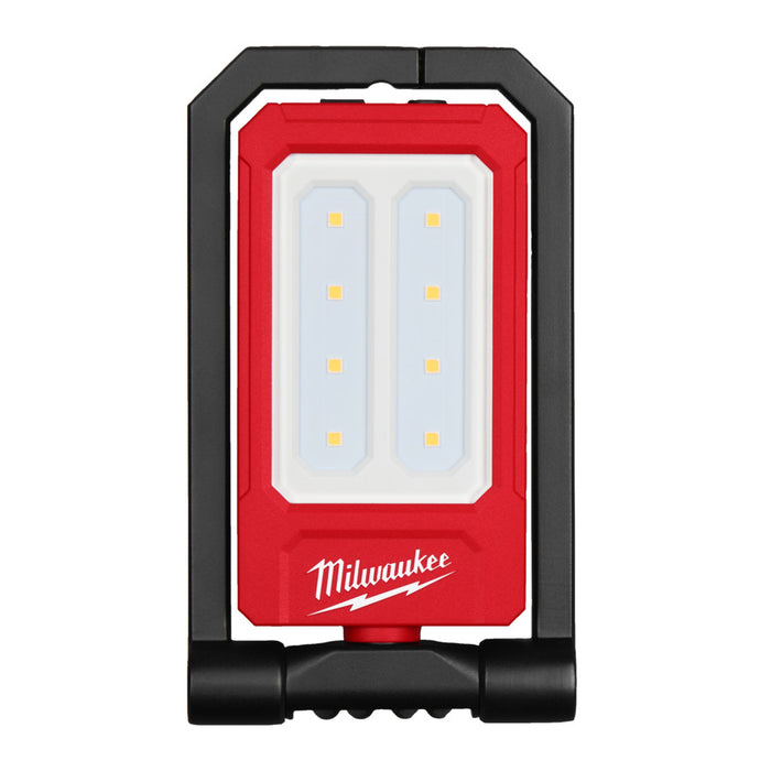 Red and black Milwaukee work light on a white background