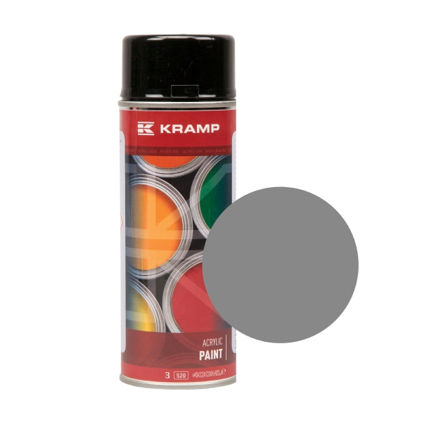 A can of KRAMP acrylic paint with a black cap and a red label, shown next to a large gray color swatch circle on a white background.