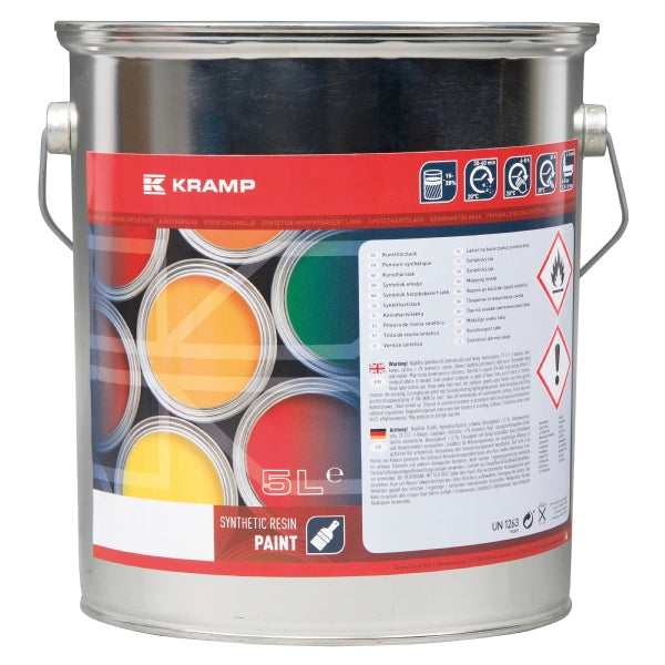 A 5-liter metal can of Kramp Synthetic Resin Paint, featuring a red and white label with colorful paint can graphics, set against a plain white background.