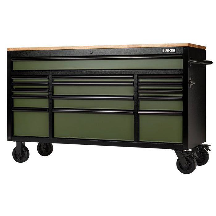 Draper Bunker 61" 15 Drawer Green Workbench Roller Cabinet