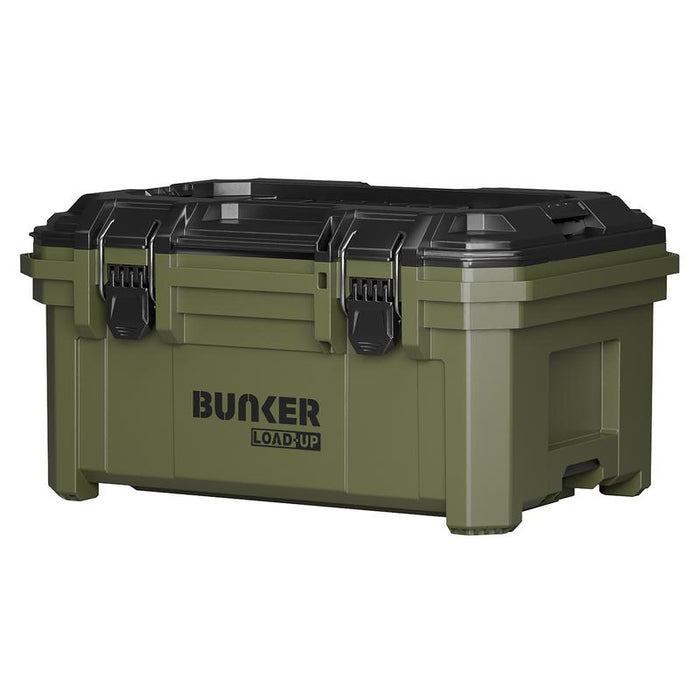 Green storage box with black lid on a white background