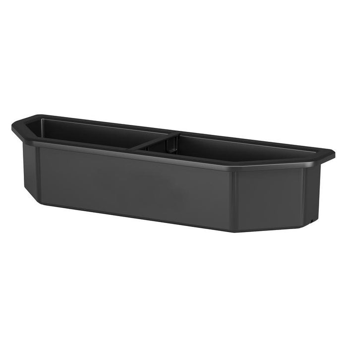 Black plastic compartmentalized tray on a white background