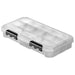 Clear plastic tackle box with black latches on a white background