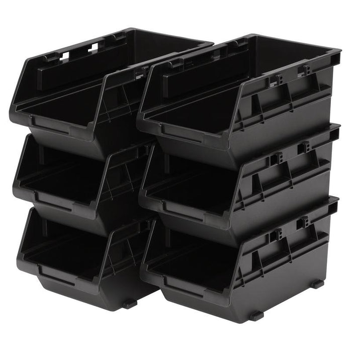 Stack of black storage bins on a white background
