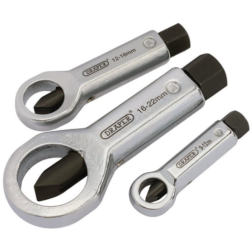 Set of three Draper brand ratcheting ring spanners on a white background