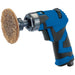 Blue and black air sander with a sanding disc on a white background