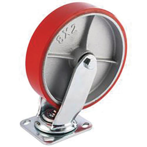 Red wheel with a metal hub on a white background