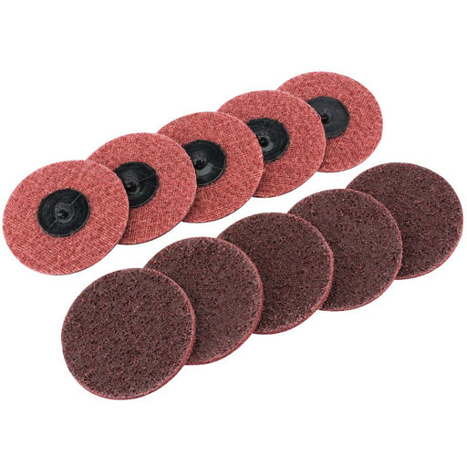 Set of red abrasive discs on a white background