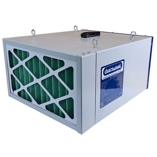 A Charwood air filter housing with a white metal casing, green pleated filter elements visible on the front, and a blue brand label on the side.