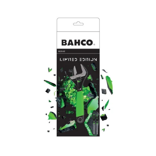 BAHCO Bookie wrench in a limited edition green and black design, shown in its retail packaging with stylized green shattered glass graphics on a white background.