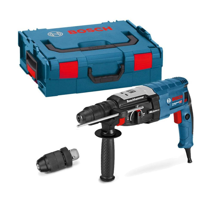 Bosch rotary hammer drill with accessories and blue toolbox on a white background