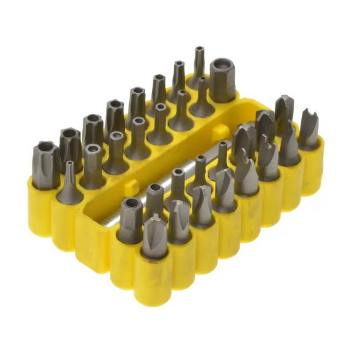 Set of screwdriver bits in a yellow holder on a white background