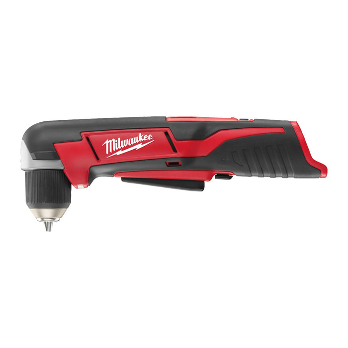 Red and black Milwaukee right angle drill on a white background