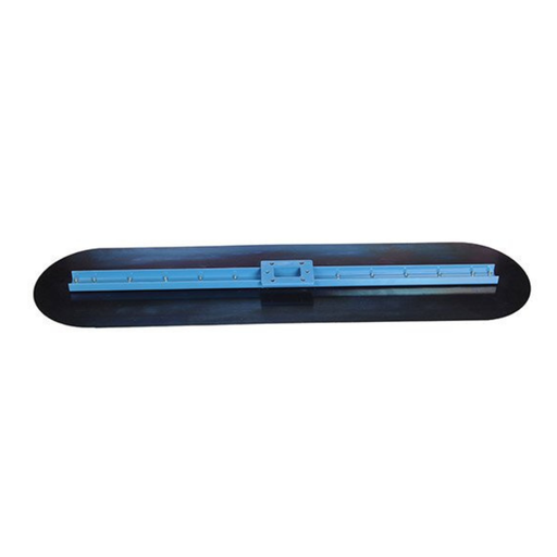 A long, narrow trowel or screed board with a black curved base and a bright blue metal guide rail, shown against a plain white background.