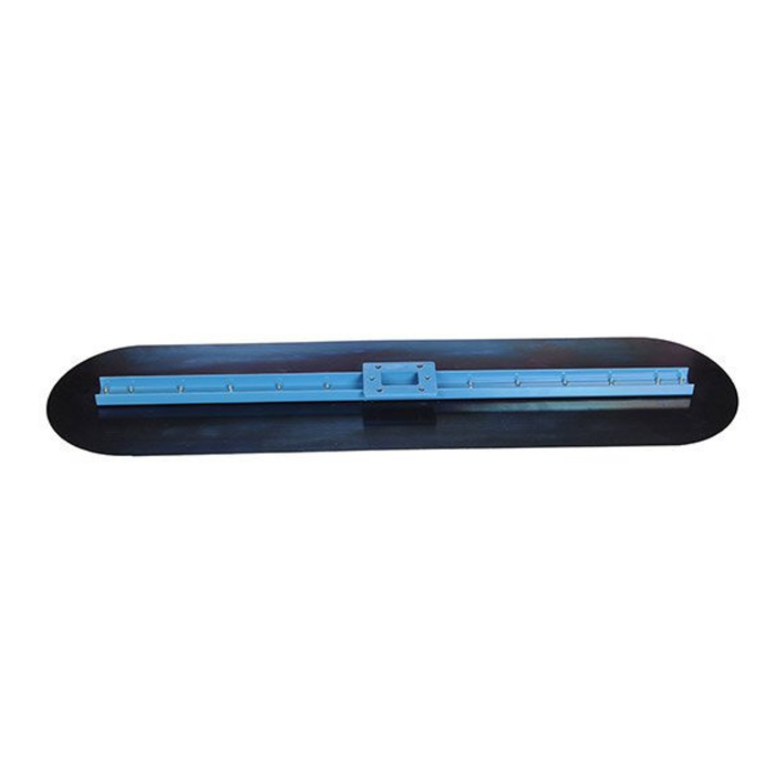 A long, narrow trowel or screed board with a black curved base and a bright blue metal guide rail, shown against a plain white background.