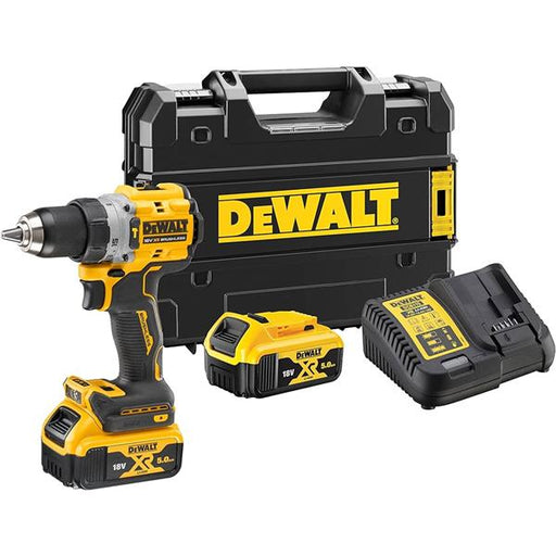 DeWalt power drill set with case, battery, and charger on a white background