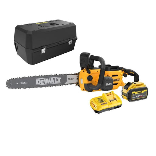 DeWalt chainsaw with two batteries and a charger on a white background