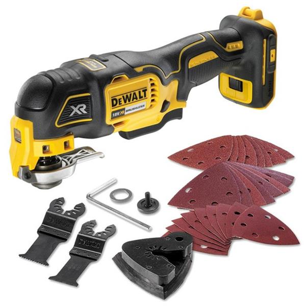 DeWalt oscillating tool with additional attachments and sandpaper on a white background