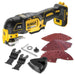 DeWalt oscillating tool with additional attachments and sandpaper on a white background
