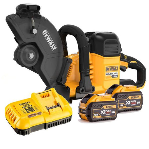 DeWalt cordless circular saw with a yellow and black battery, a matching battery charger, and two DeWalt X-Cellular 18V lithium-ion batteries on a white background.