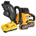 DeWalt cordless circular saw with a yellow and black battery, a matching battery charger, and two DeWalt X-Cellular 18V lithium-ion batteries on a white background.