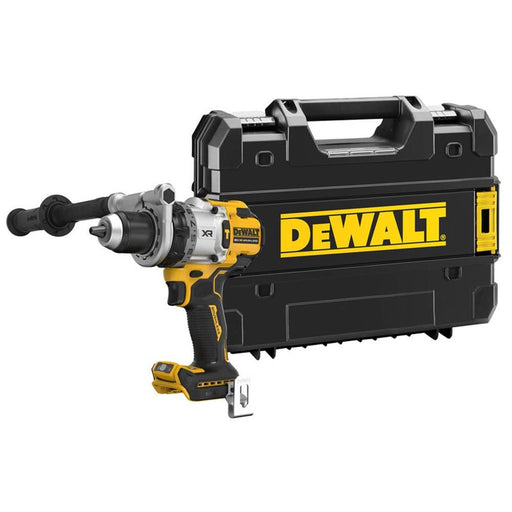 A DeWalt XR cordless drill shown next to its black and yellow carrying case on a solid white background.