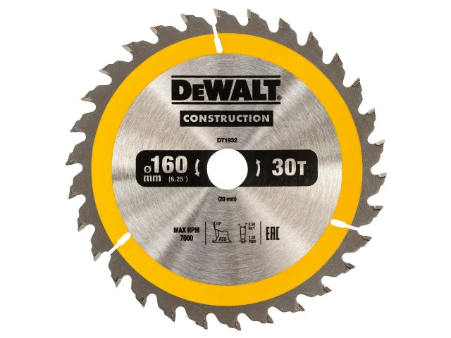 DeWalt 160mm x 20 x 30T Construction Circular Saw Blade